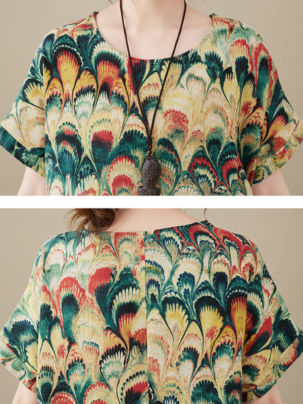 Printed Split-Joint Loose Short Sleeves Round-neck Midi Dresses