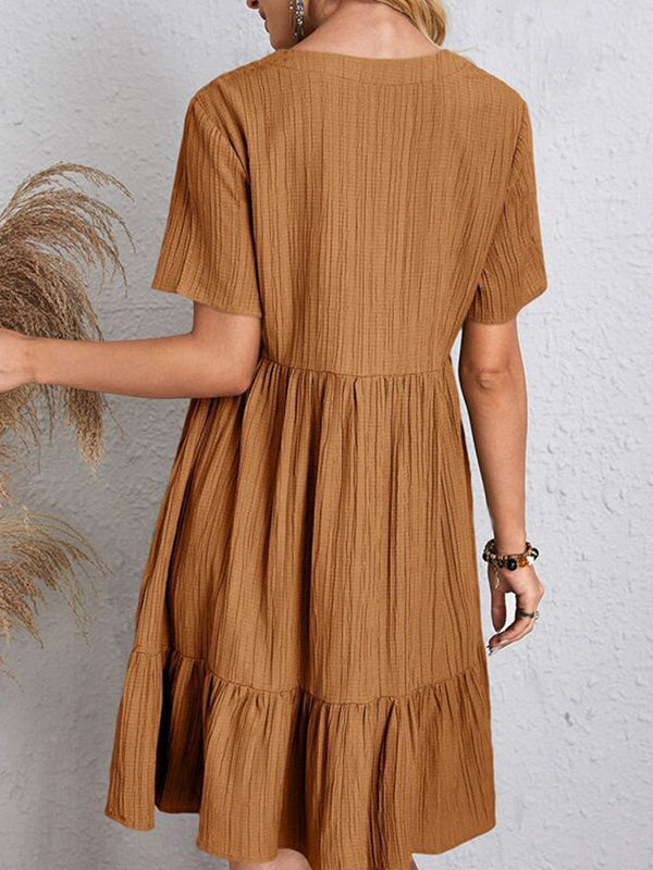 Pleated Solid Color Split-Joint A-line Loose V-neck Mini Dresses