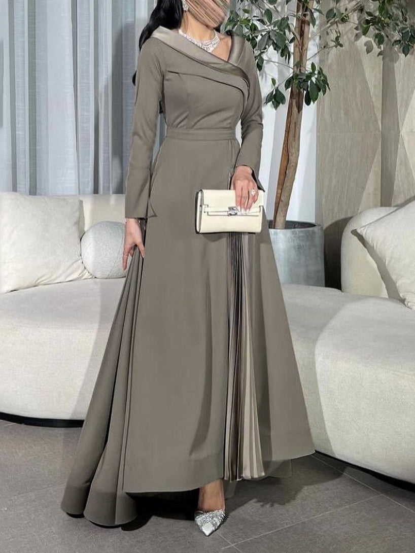 Pleated Solid Color Split-Joint A-Line Wrap V-Neck Maxi Dresses