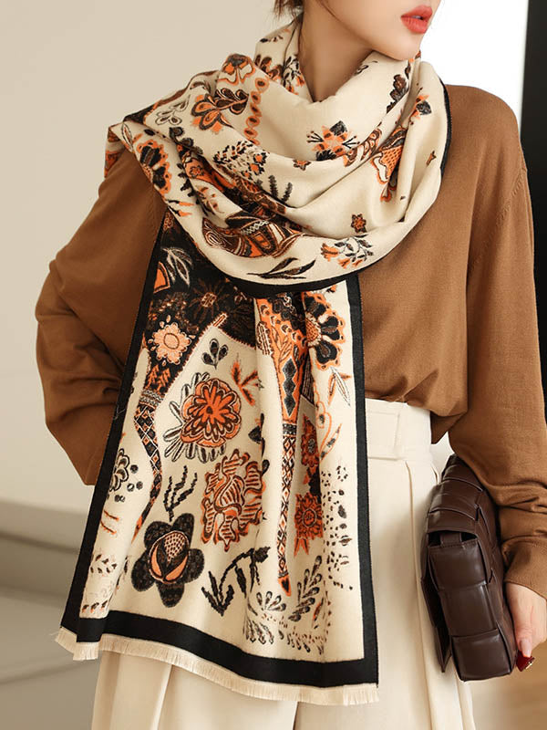 Vintage Knitting Tasseled Jacquard Imitated Cashmere Scarf Shawl