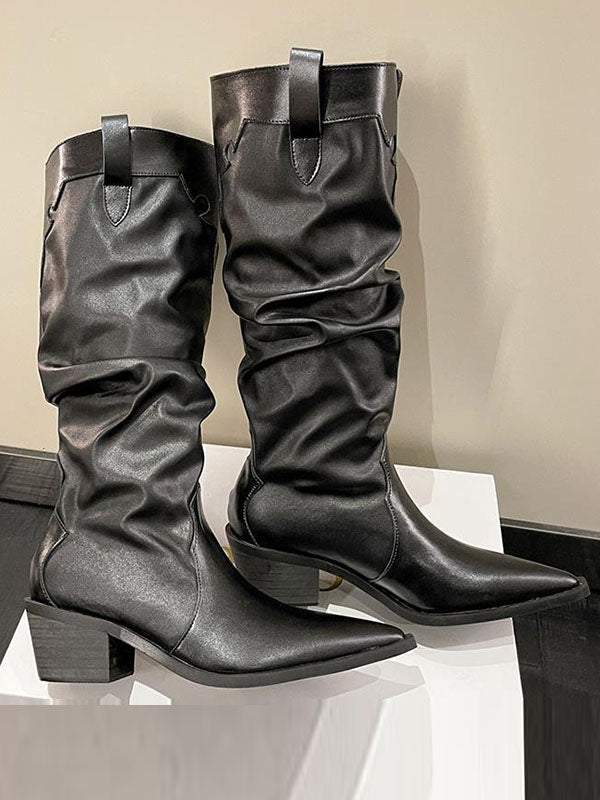 Pleated Pointed-Toe Solid Color Chunky Shoes Boots
