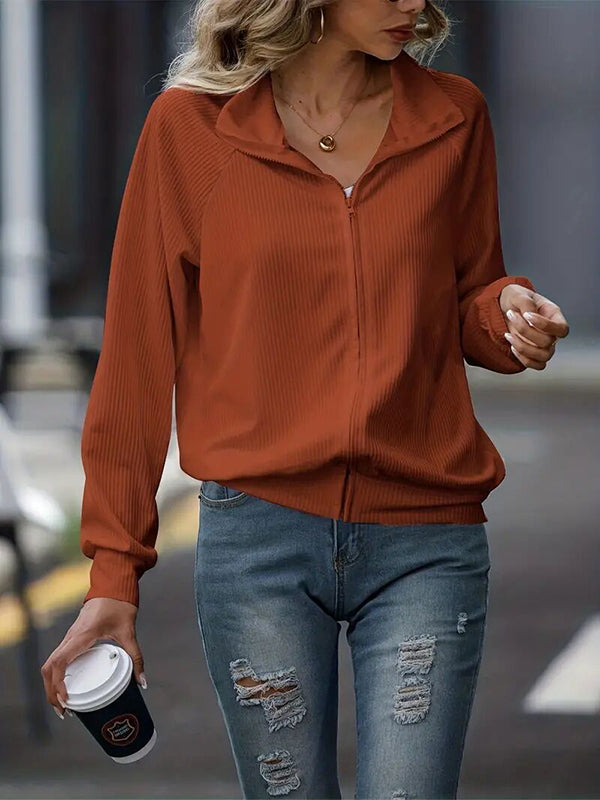 Solid Color Zipper Long Sleeves Loose Lapel Outerwear