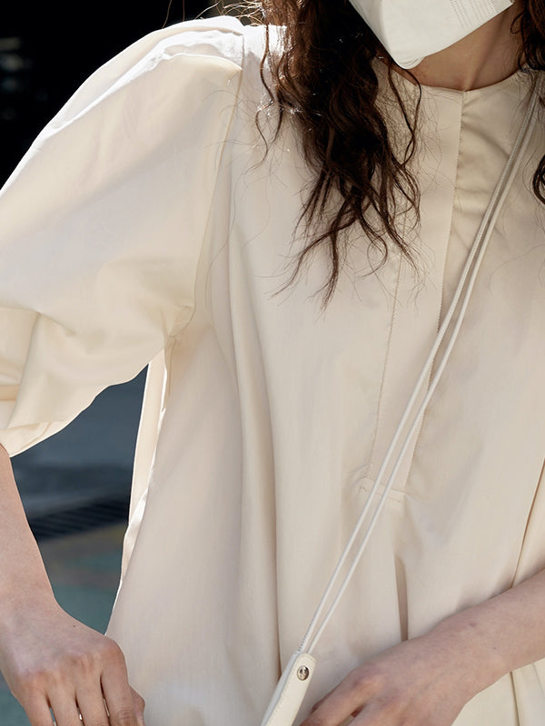 Solid Color Loose Puff Sleeves Round-Neck Midi Dresses