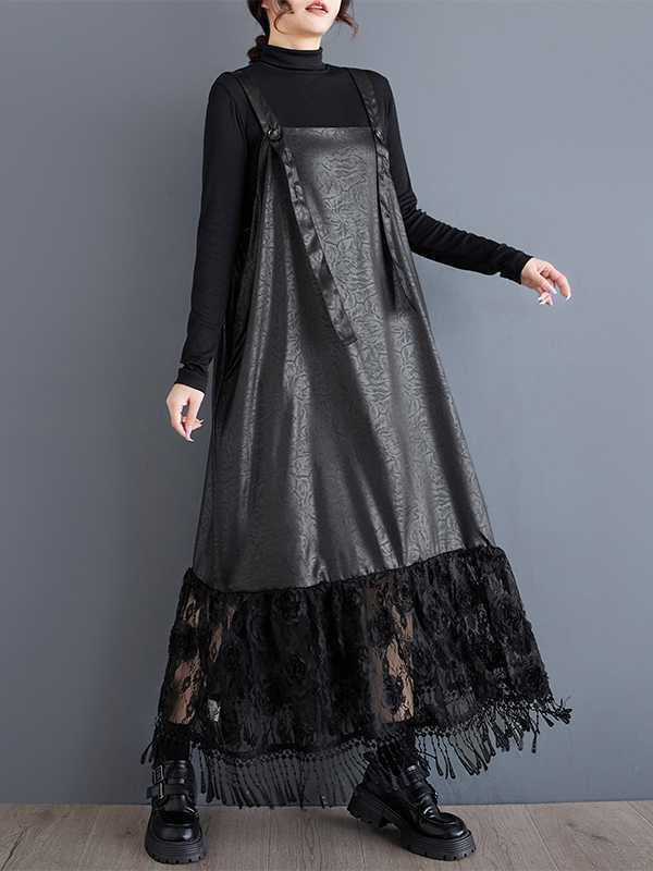 Jacquard Solid Color Split-Joint A-Line Loose Spaghetti-Neck Suspender Dress