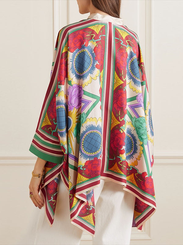 Buttoned Flower Print Batwing Sleeves High-Low Stand Collar Blouses&Shirts Tops