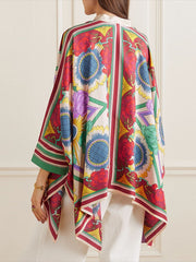 Buttoned Flower Print Batwing Sleeves High-Low Stand Collar Blouses&Shirts Tops