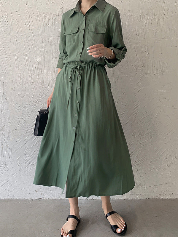 Casual A-Line Long Sleeves Bandage Solid Color Lapel Collar Shirt Midi Dresses