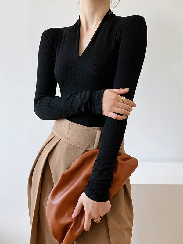 Solid Color Long Sleeves Skinny V-Neck T-Shirts Tops