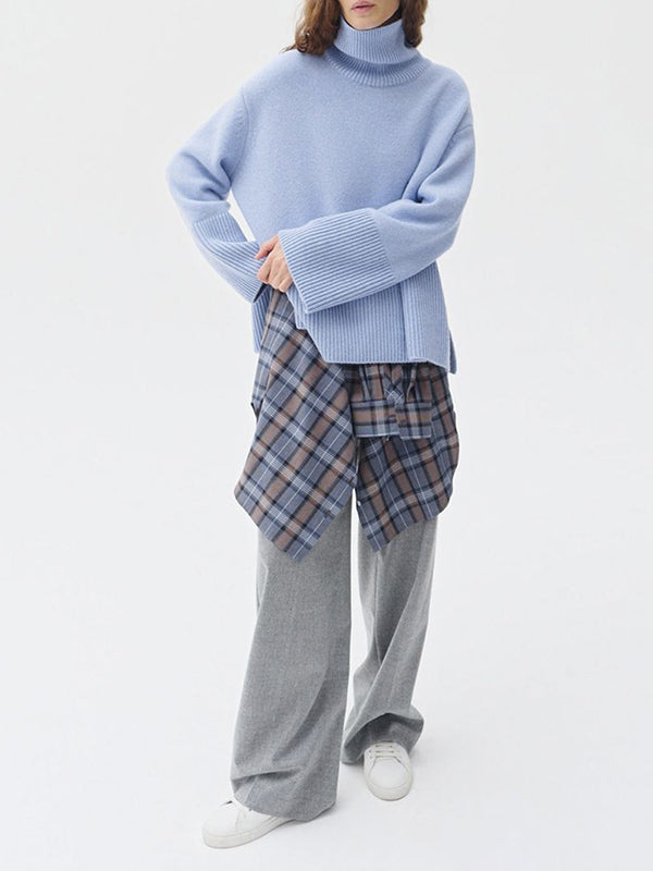 Pleated Solid Color Split-Side Long Sleeves Loose High Neck Sweater Tops