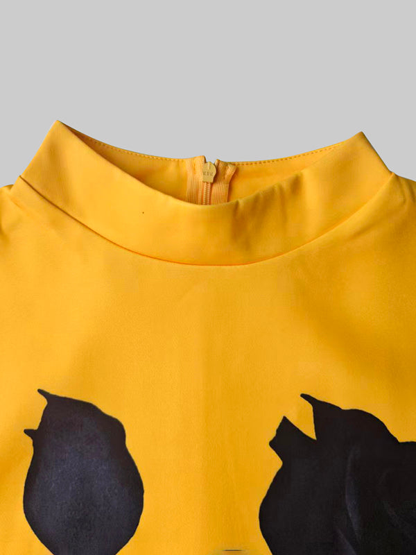 Flower Print Split-Joint A-Line Flared Sleeves Mock Neck Midi Dresses