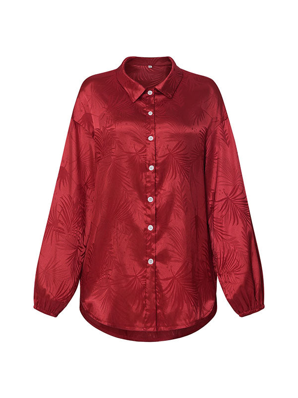 Jacquard Split-Joint Loose Puff Sleeves Lapel Blouses