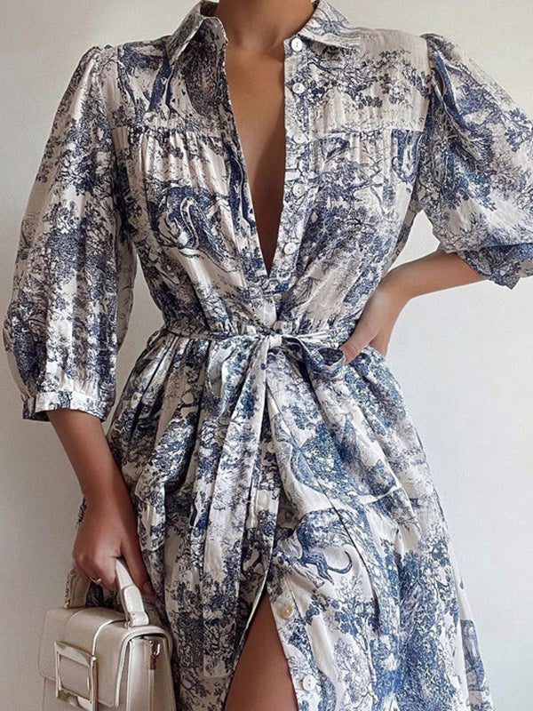 Pleated Printed Split-Joint Tied Waist Loose Puff Sleeves Lapel Shirt Dress Mini Dresses