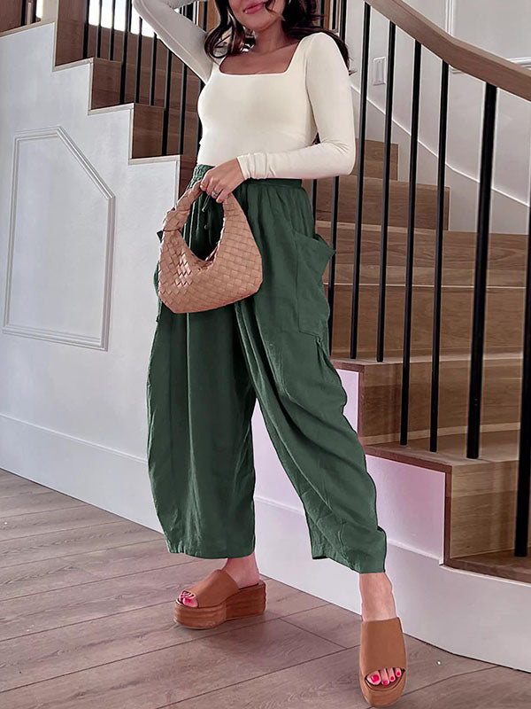 Drawstring Elasticity Pleated Pockets Solid Color High Waisted Loose Trousers Ninth Pants