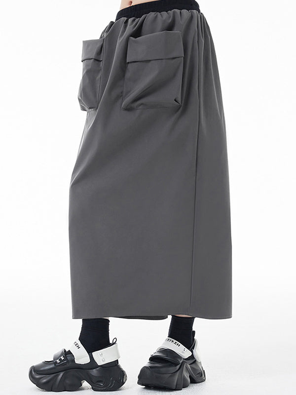 Pleated Pockets Split-Back A-Line High Waisted Skirts Bottoms