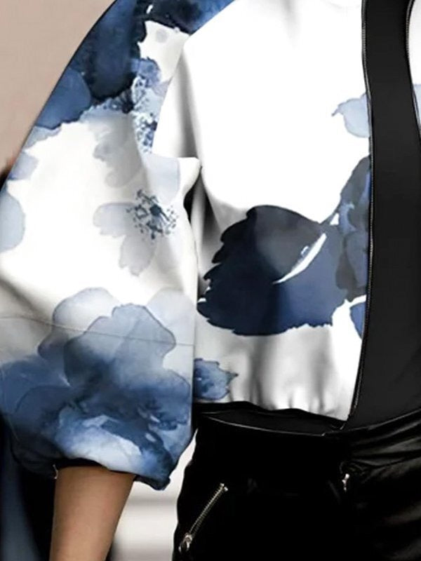 Printed Zipper Long Sleeves Loose Stand Collar Outerwear