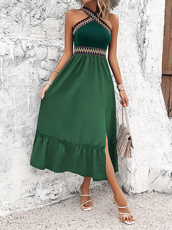 Embroidered Pleated Split-Joint Split-Side A-Line High Waisted Halter-Neck Midi Dresses