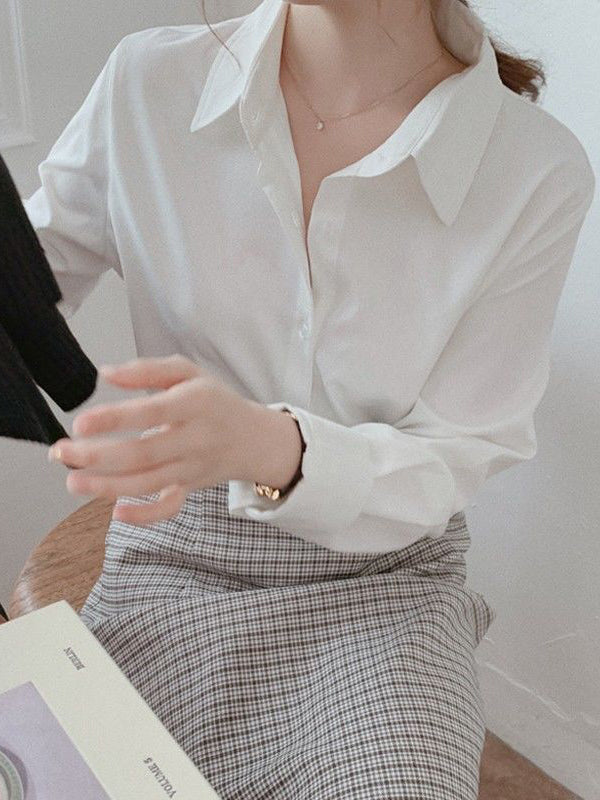 Buttoned Comfort Solid Color Long Sleeves Plus Size Lapel Blouses&Shirts Tops