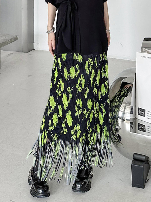 Pleated Printed Split-Joint Tasseled High Waisted H-Line Skirts