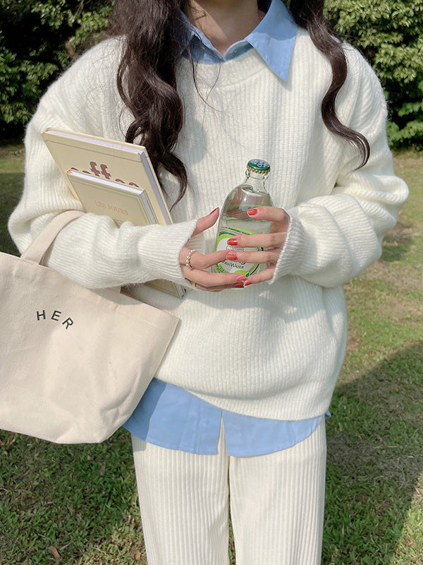 Solid Color Long Sleeves Loose Round-Neck Sweater Tops Pullovers