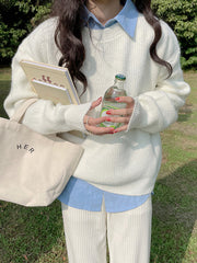Solid Color Long Sleeves Loose Round-Neck Sweater Tops Pullovers