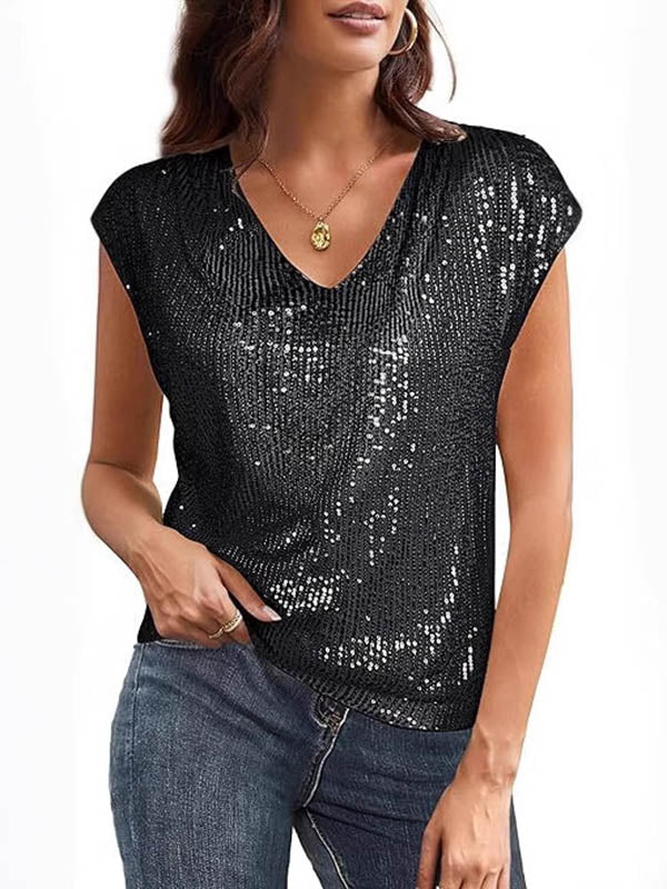 Sequined Solid Color Loose Raglan Sleeve V-Neck T-Shirts Tops