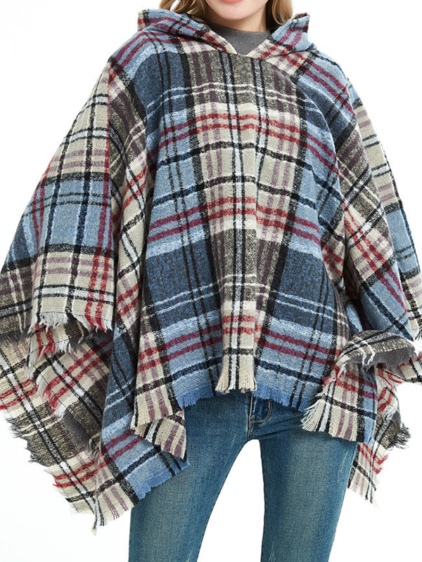 Fringed Hooded Keep Warm Plaid Shawl&Cloak Cape