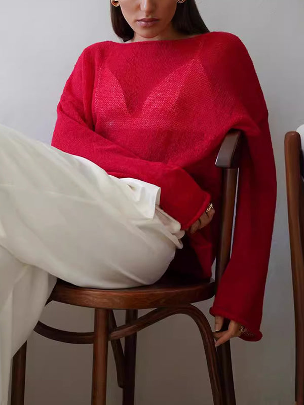 See-Through Solid Color Split-Joint Long Sleeves Loose Round-Neck Sweater Tops