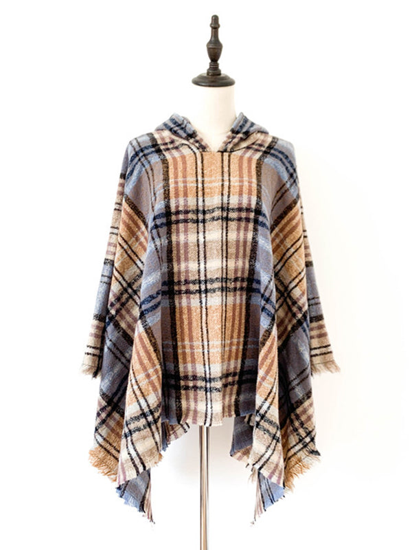 Fringed Hooded Keep Warm Plaid Shawl&Cloak Cape