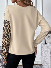 Contrast Color Leopard Split-Joint Long Sleeves Loose Round-Neck T-Shirts Tops