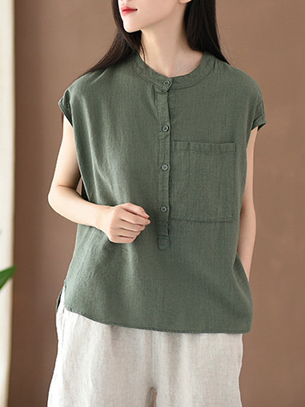 Solid Color Cap Sleeve High-Low Stand Collar Blouses&Shirts Tops