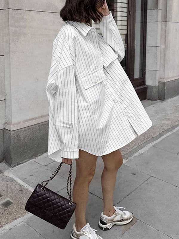 Buttoned Striped Long Sleeves Loose Lapel Blouses&Shirts Tops