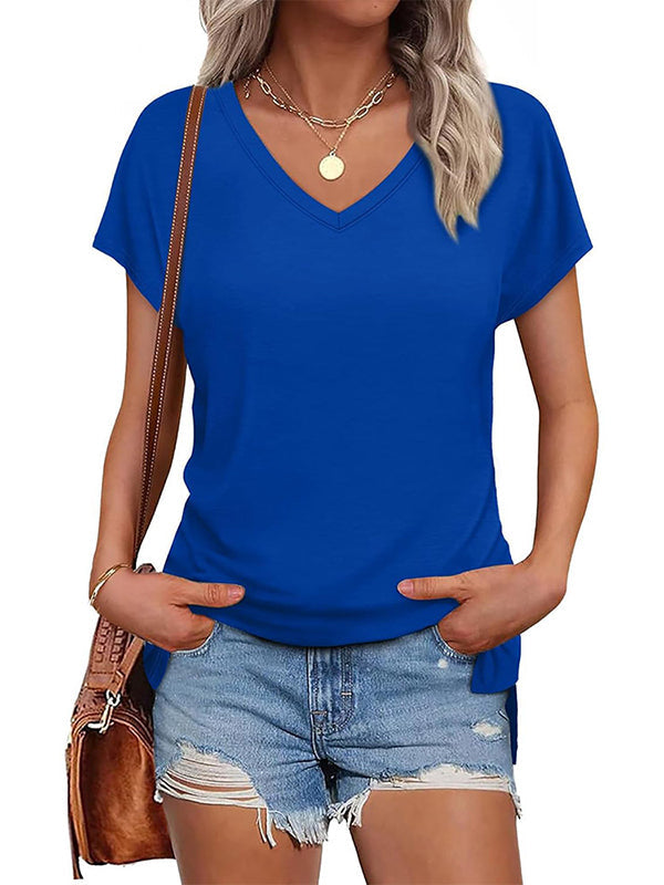 Solid Color Split-Joint Split-Side High-Low Raglan Sleeve V-Neck T-Shirts