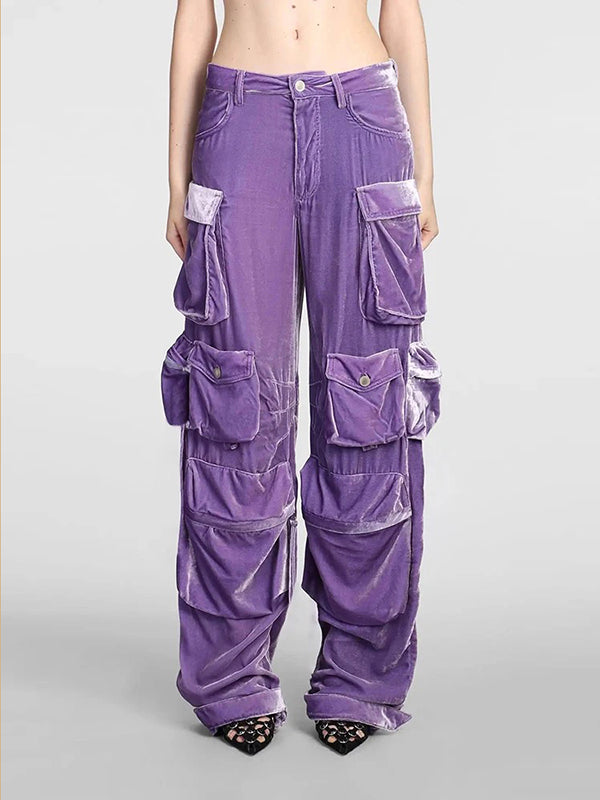 No Belt Pockets Solid Color High Waisted Loose Trousers Pants