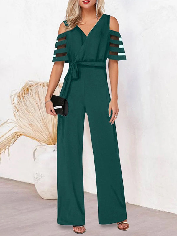Hollow Mesh Solid Color Tied Waist High Waisted Loose V-Neck Jumpsuits
