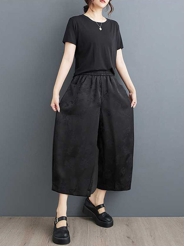 Elasticity Jacquard Pockets Solid Color Harem Pants High Waisted Trousers Ninth Pants