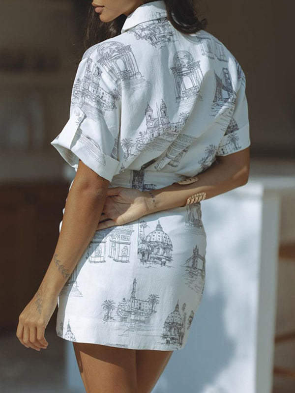 Lapel Loose Buttoned Printed Blouses Tops + Tied Bodycon Skirts bottom Two Pieces Set
