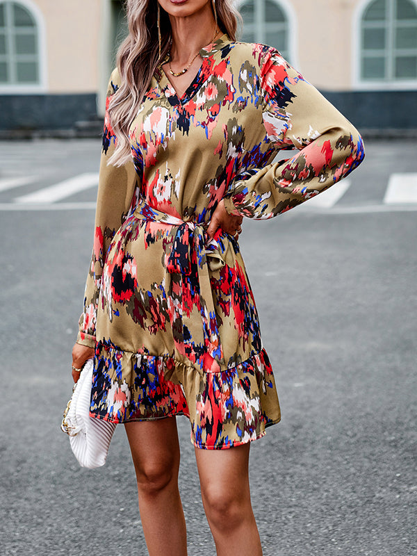 Printed Split-Joint Tied Waist Long Sleeves Loose V-Neck Mini Dresses