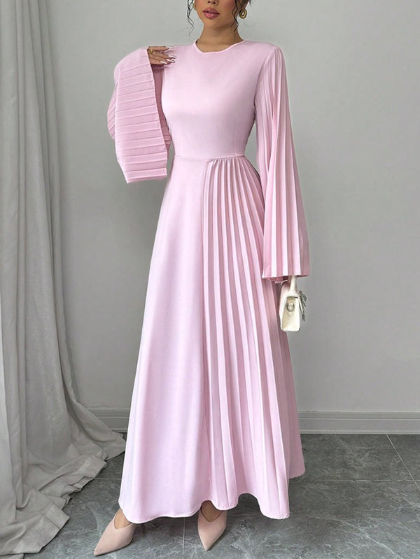 Pleated Solid Color Flared Sleeves Long Sleeves Round-Neck Maxi Dresses