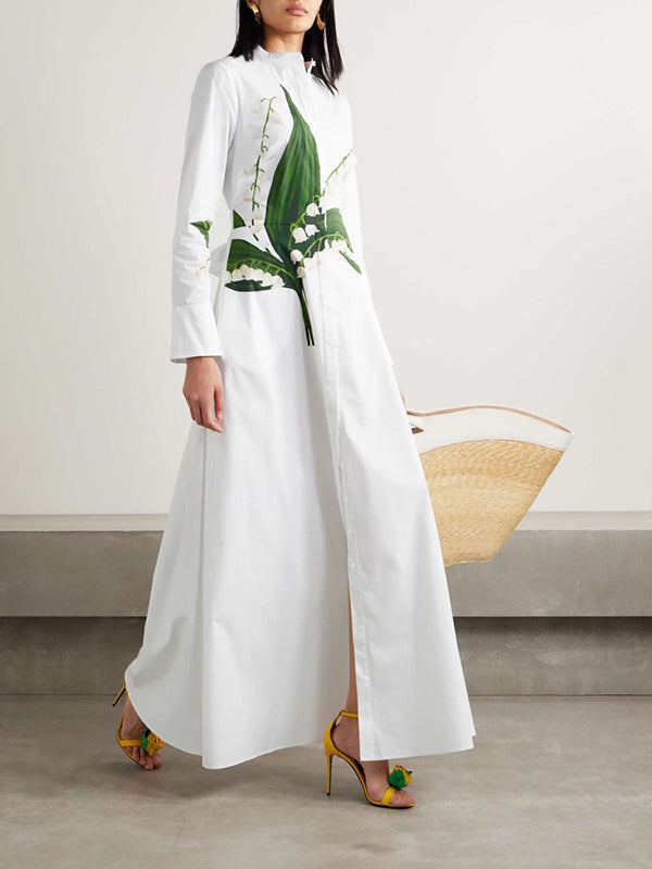Buttoned Flower Print A-Line Long Sleeves Round-Neck Maxi Dresses
