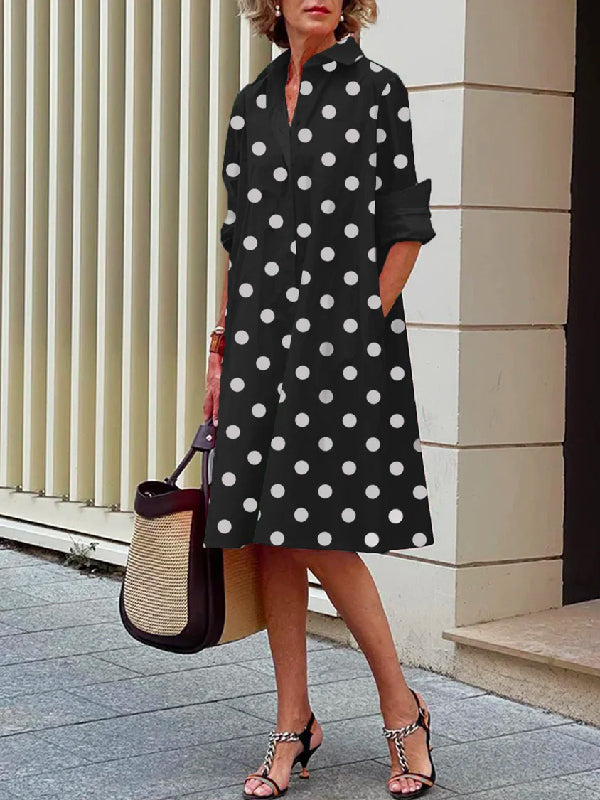 Vintage Long Sleeves Polka Dot Lapel Midi Dresses