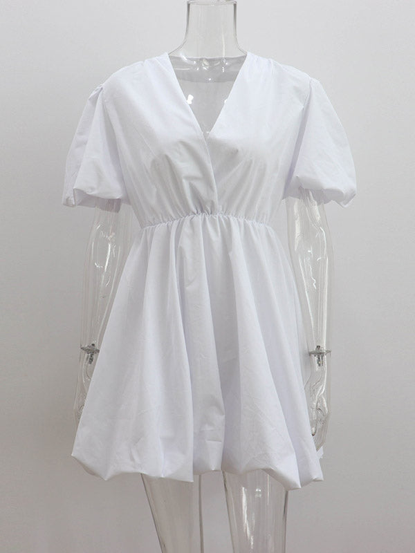 Solid Color Loose Puff Sleeves V-Neck Mini Dresses