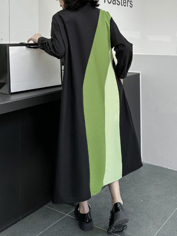 Asymmetric Buttoned Contrast Color Split-Joint Long Sleeves Loose Lapel Shirt Dress Midi Dresses