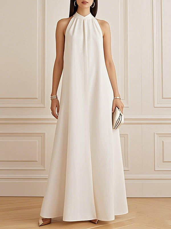 Pleated Solid Color A-Line Loose Mock Neck Maxi Dresses