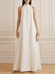 Pleated Solid Color A-Line Loose Mock Neck Maxi Dresses