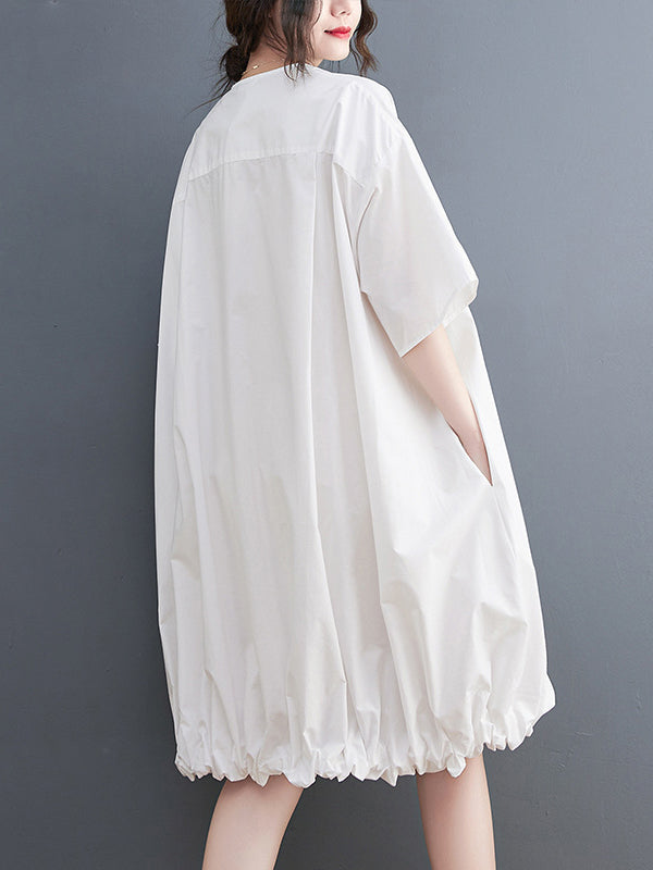 Elasticity Solid Color Half Sleeves Loose V-Neck Mini Dresses