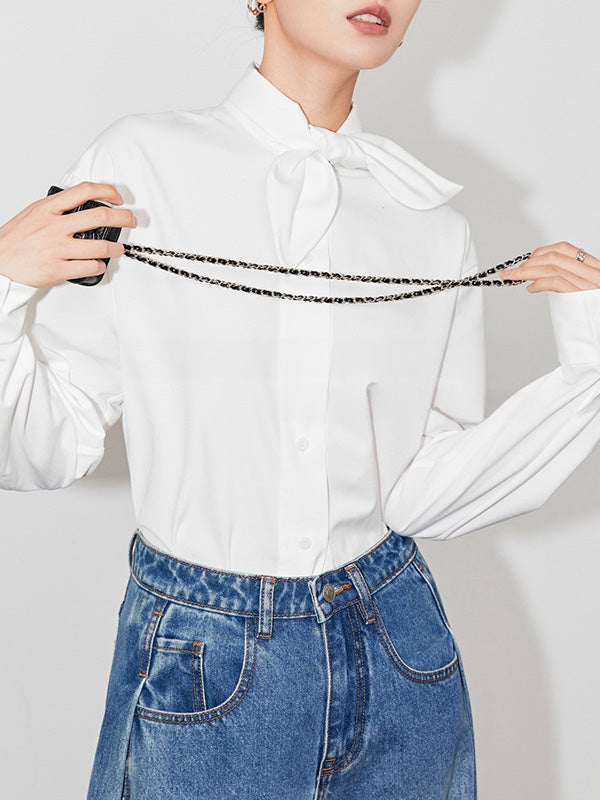 Buttoned Solid Color Long Sleeves Loose Mock Neck Blouses&shirts Tops