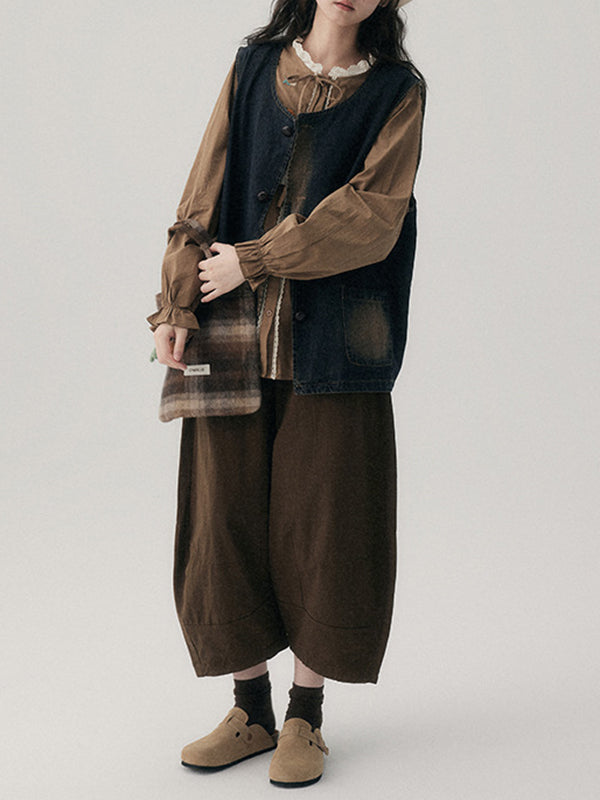 Elasticity Solid Color Split-Joint Harem Pants High Waisted Trousers Pants Ninth Pants