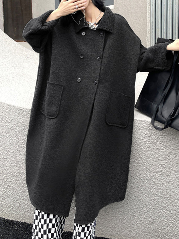 Buttoned Pockets Solid Color Velvet Long Sleeves Loose Lapel Woolen Coat