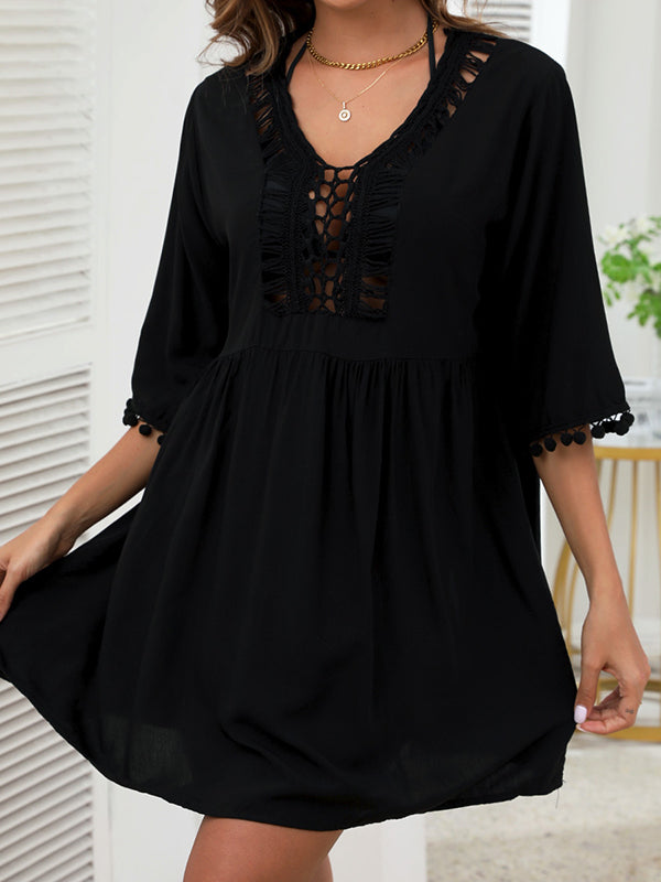 Hollow Solid Color Tasseled Half Sleeves Loose V-Neck Mini Dresses Cover-Up