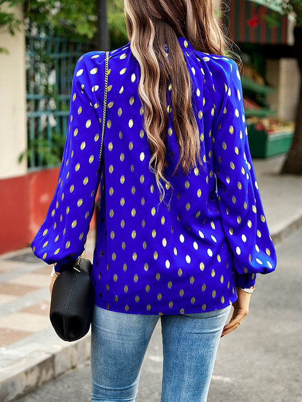 Bronzing Hollow Long Sleeves Loose Mock Neck Blouses&Shirts Tops